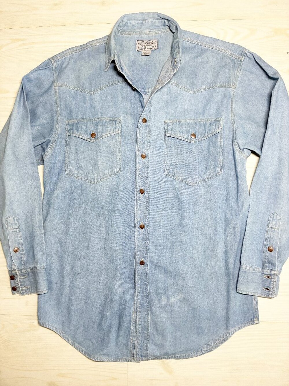 Vintage 80's Larry Mahan Denim Western Shirt Medium (Fits Large) Metal Snaps HK